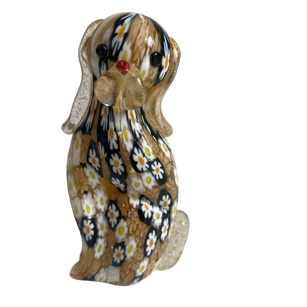 Vintage Murano Millefiori Art Glass Dog 4.5" Figurine Gold Aventurine Italy Rare